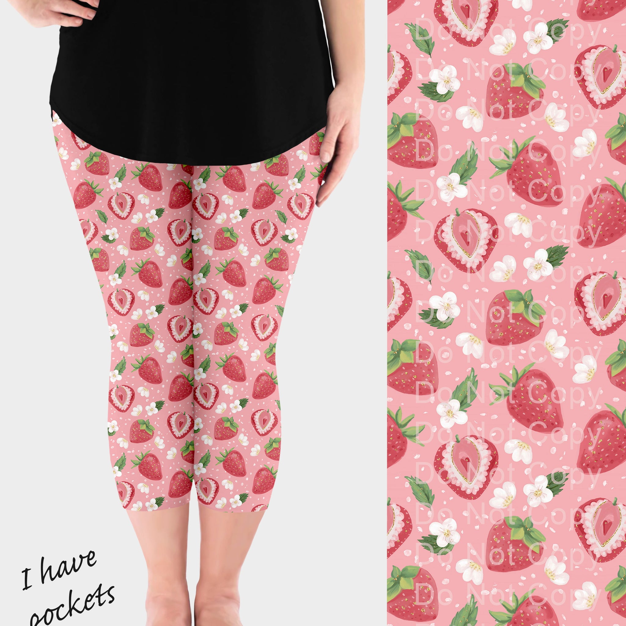 RTS - Pink Strawberry Capri Leggings w/ Pockets