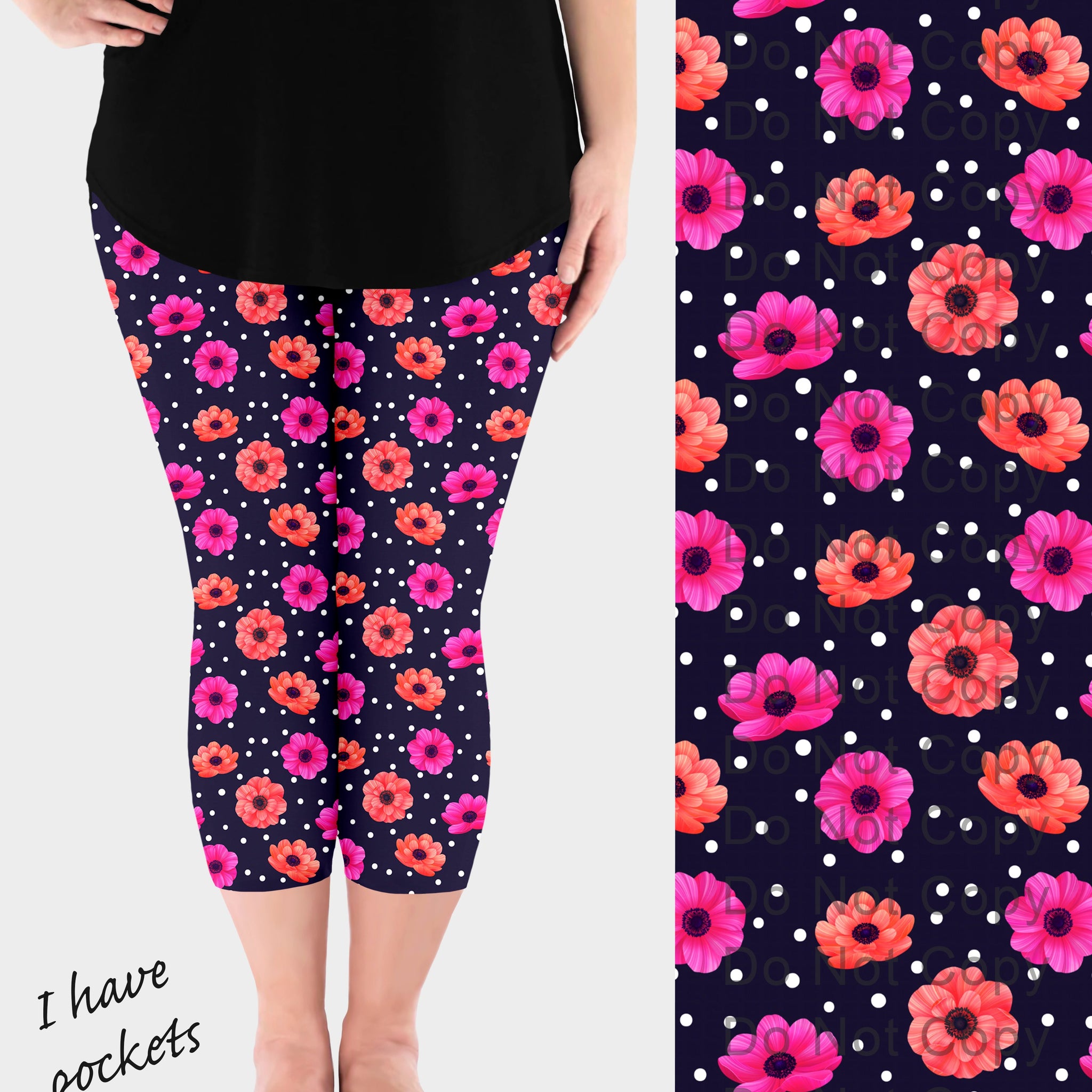 RTS - Polka Dot Poppies Capri Leggings w/ Pockets