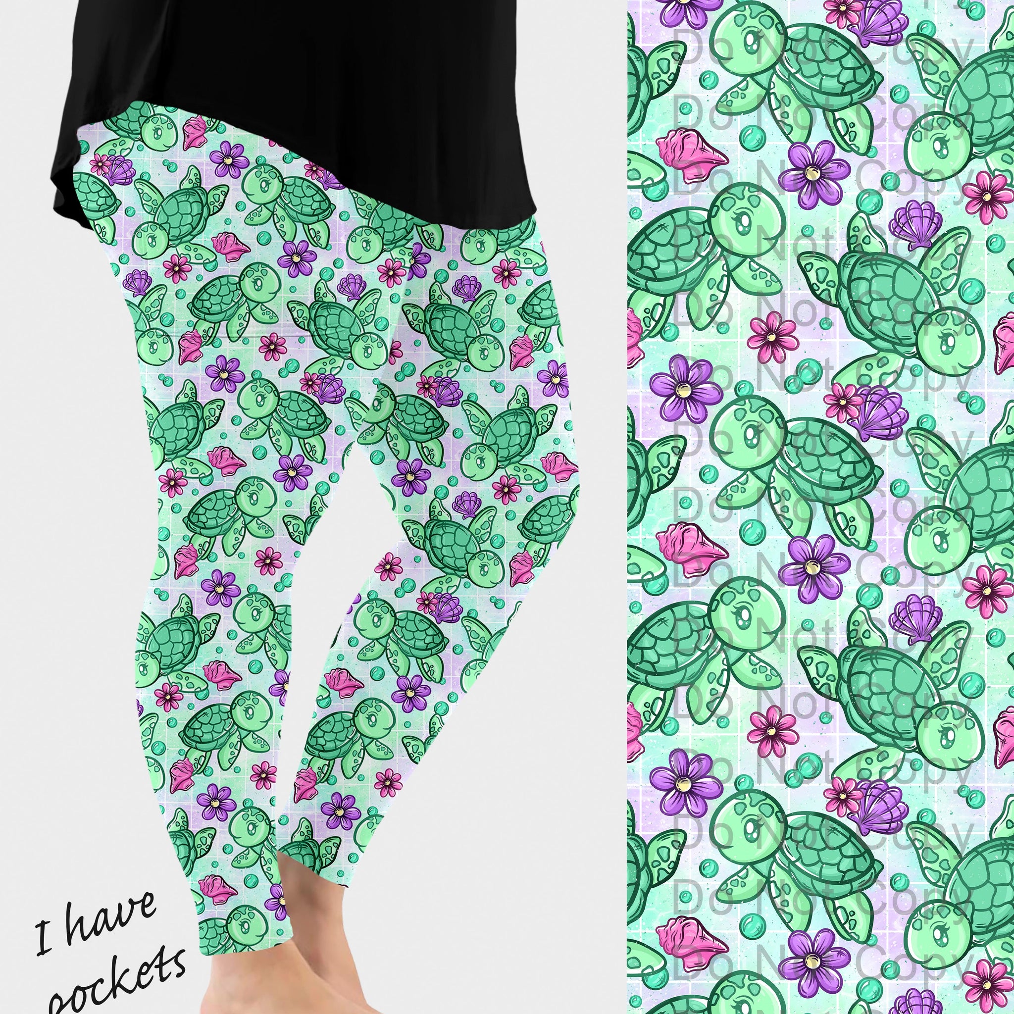 RTS - Pretty Green Sea Turtle Leggings w/ Pockets