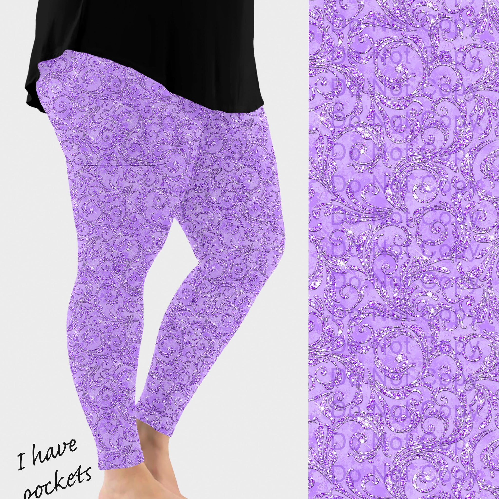 RTS - Purple Paisley Sparkle Leggings w/ Pockets