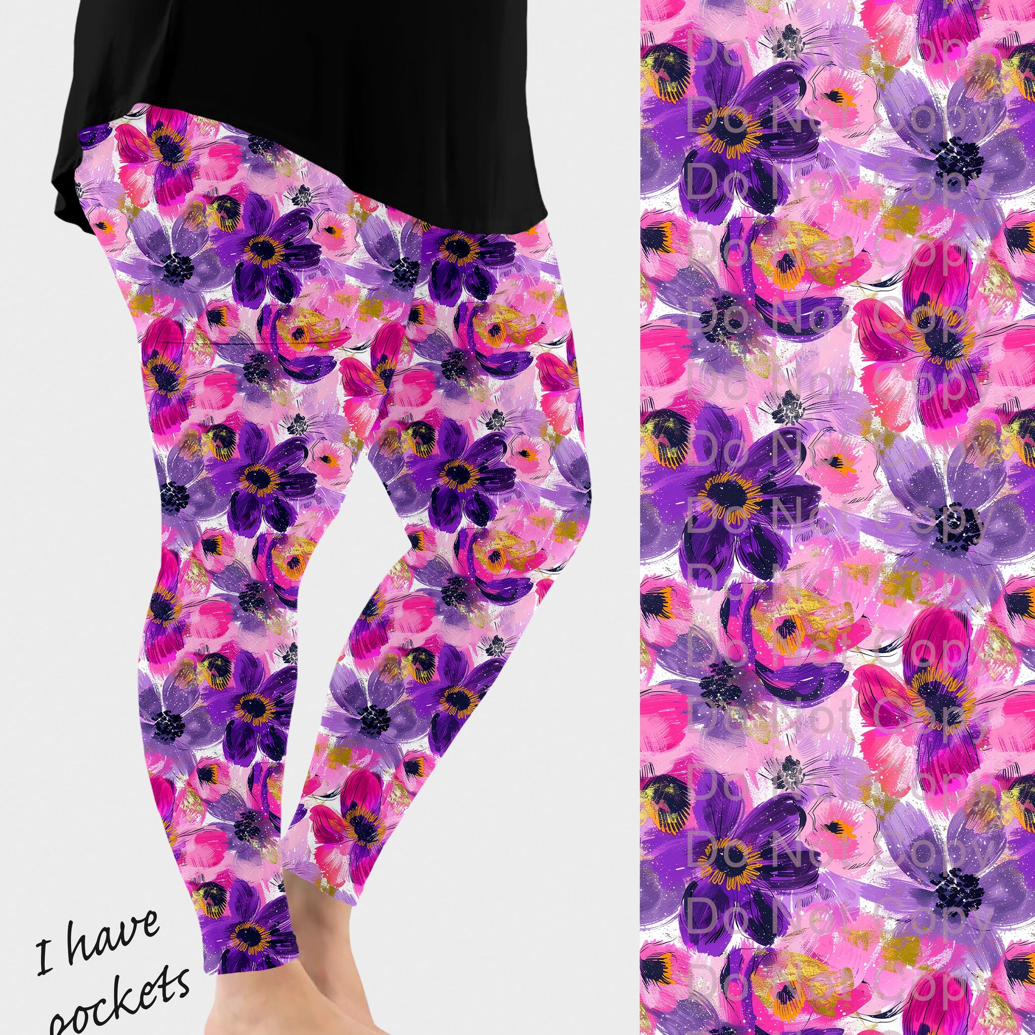RTS - Purple Abstract Flowers Leggings w/ Pockets