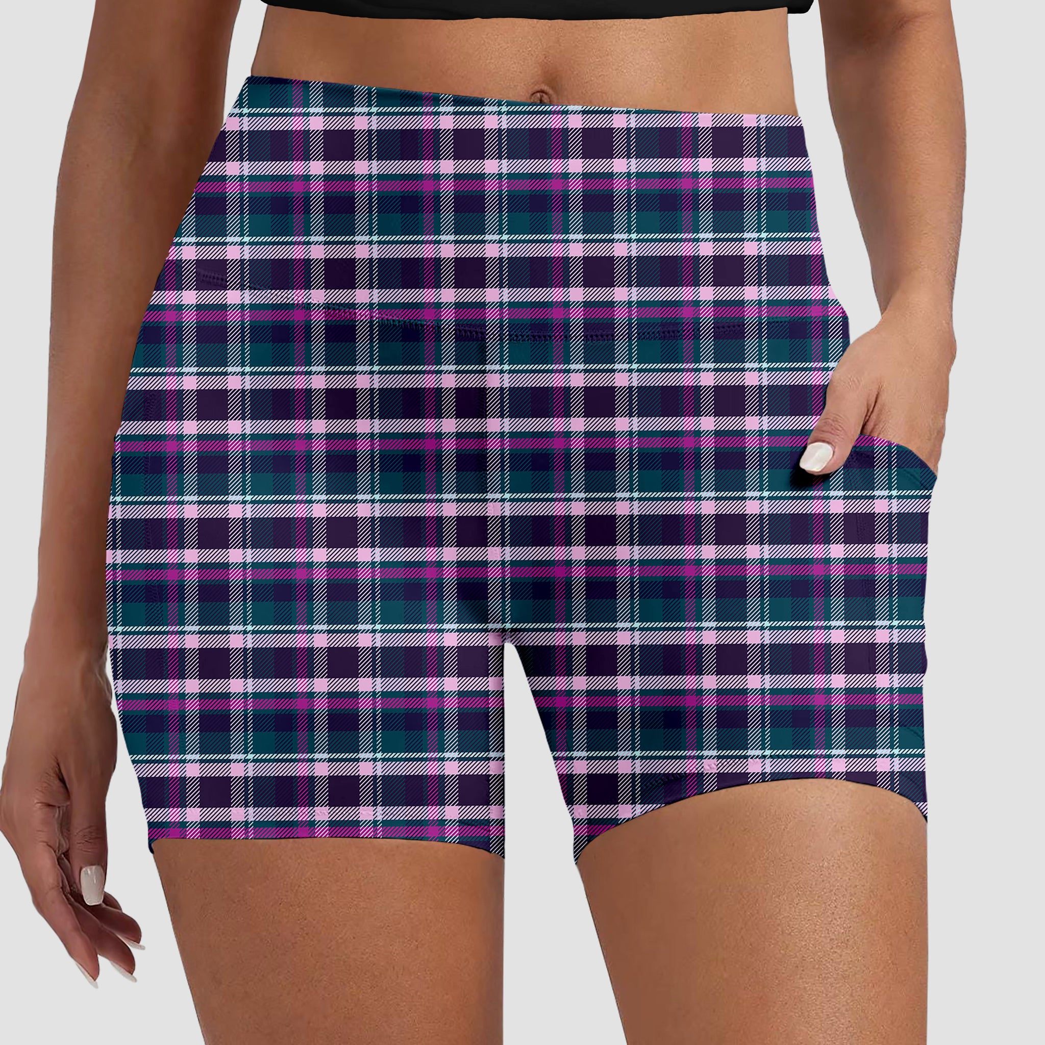 RTS - Purple and Teal Plaid Biker Shorts w/ Pockets