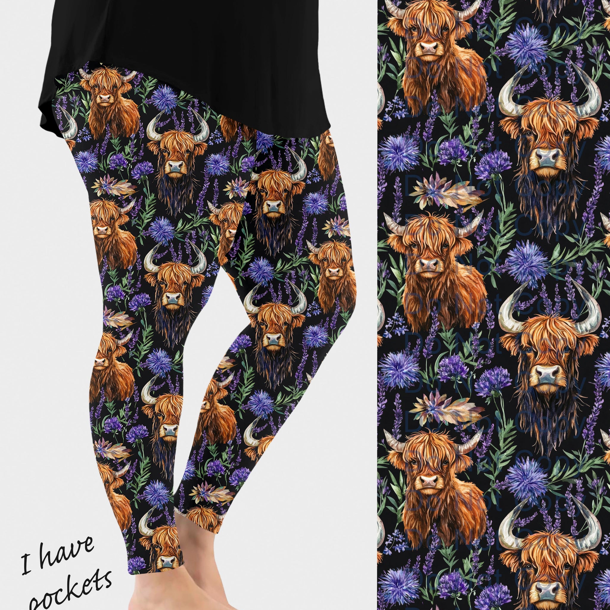 RTS - Purple Highland Cows Leggings w/ Pockets