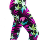Green & Purple Marijuana Herb Leaf Capri Print Soft Leggings