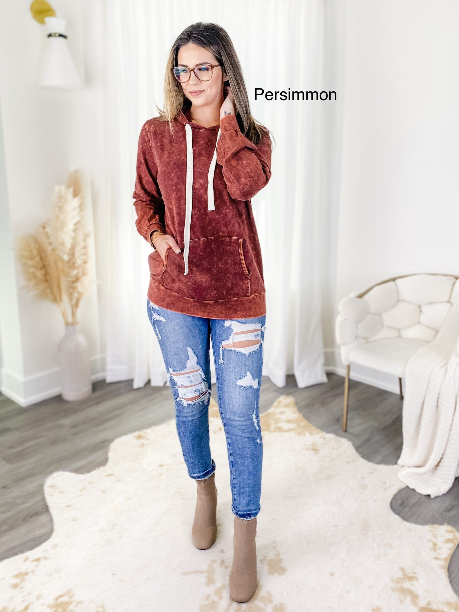 Acid Wash Drawstring Relaxed Pullover Hoodie Sweatshirts w/ Kangaroo Pocket