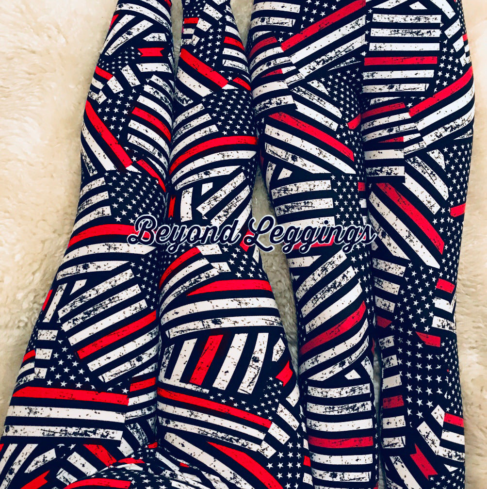 Firefighter Support Thin Red Line Flag Print Soft Leggings - Capri or Full Length
