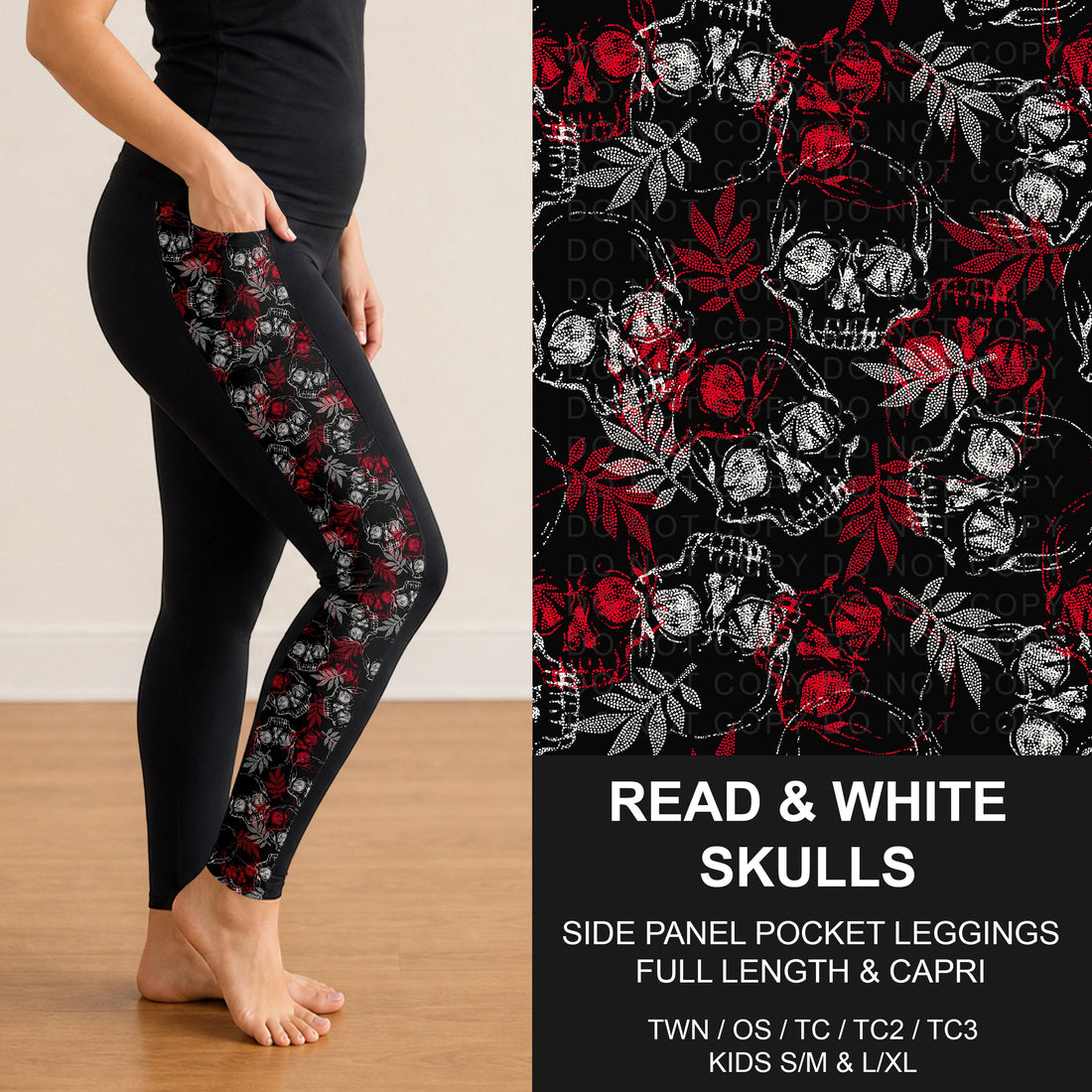 Red and White Skulls Side Panel Pocket Leggings