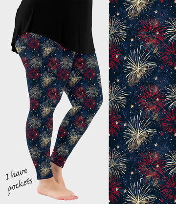 RTS - Red and Gold Fireworks Leggings with Pockets