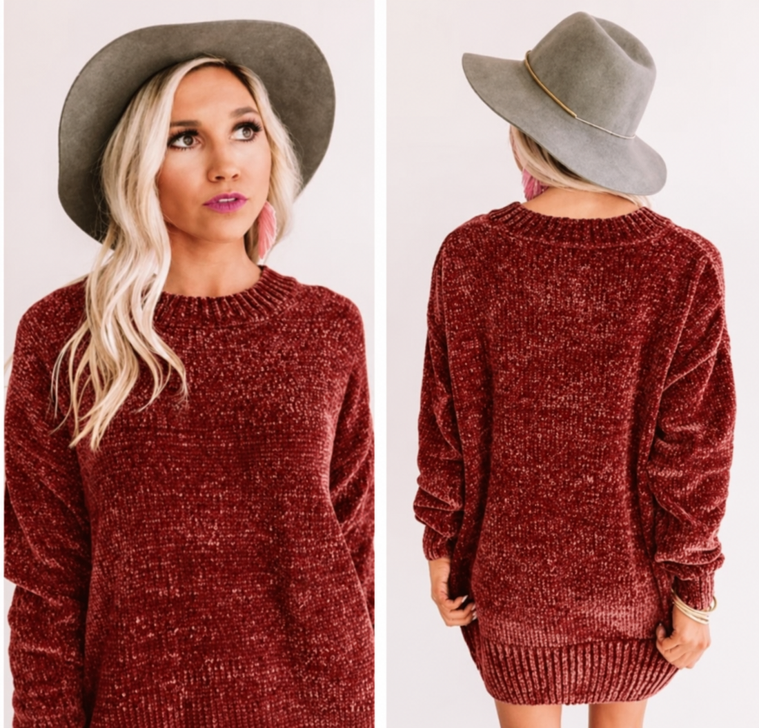 Chenille Pullover Crew Neck Oversized Sweater - Rust