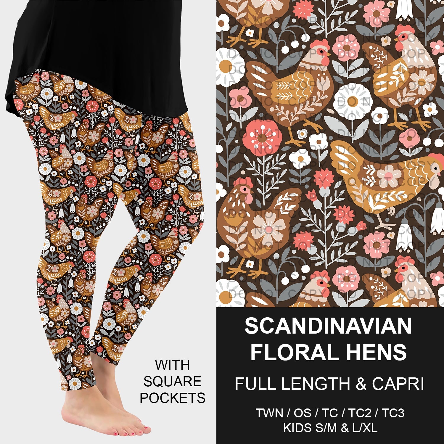 B227 - Preorder Scandinavian Floral Hens Leggings w/ Pockets (Closes 5/04. ETA: mid July)