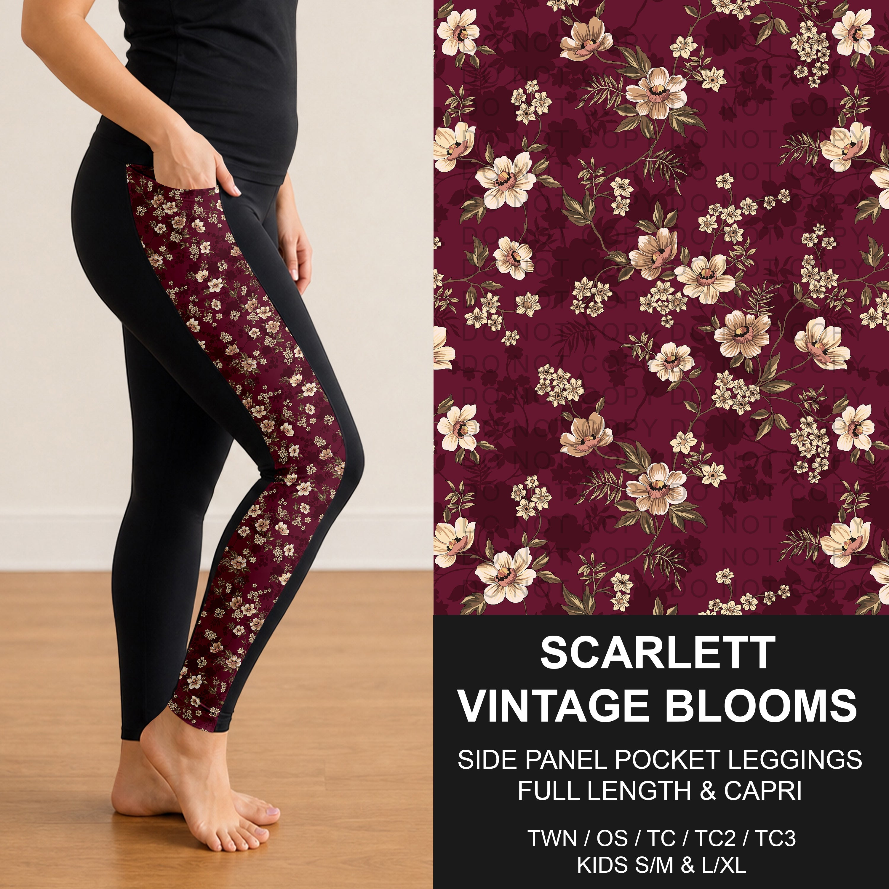 B309 - Preorder Scarlett Vintage Blooms Side Panel Pocket Leggings (Closes 8/23. ETA: late Oct.)