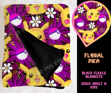 FLORAL PIKA - SOFT BLACK FLEECE THROW BLANKET RUN 6 PREORDER CLOSING 9/25