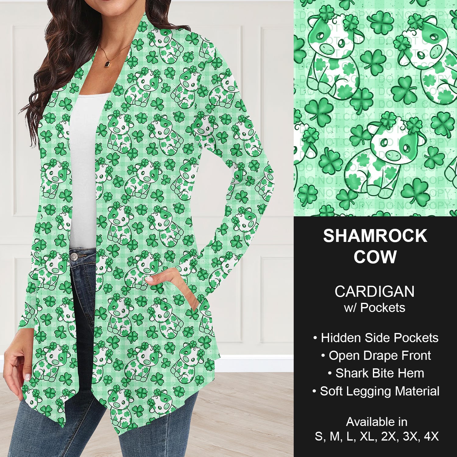 B268 - Preorder Shamrock Cow Cardigan w/ Pockets (Closes 12/28. ETA: mid Feb.)