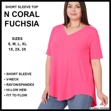 RTS - Short Sleeve V-Neck Top - N Coral Fuchsia