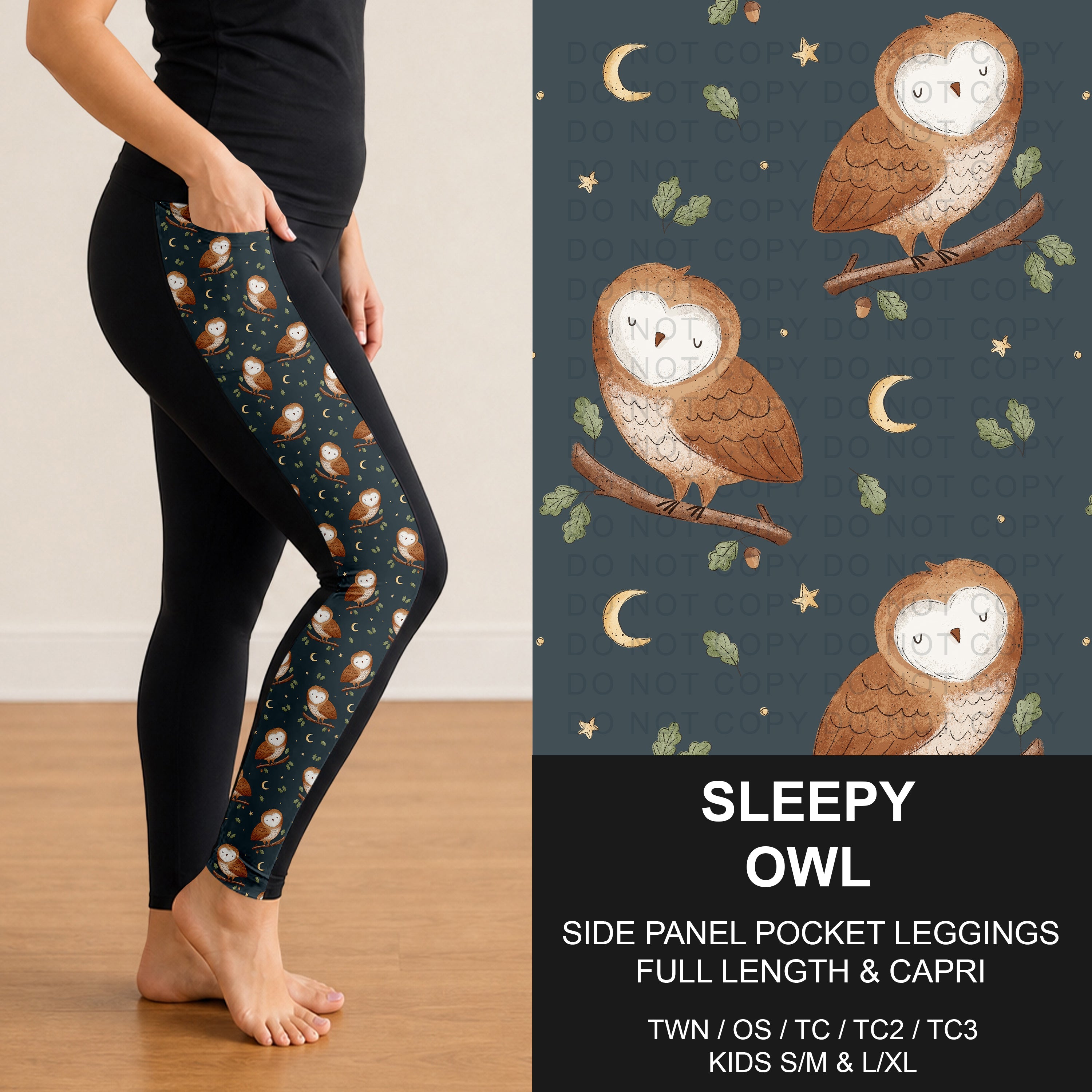 B309 - Preorder Sleepy Owl Side Panel Pocket Leggings (Closes 8/23. ETA: late Oct.)