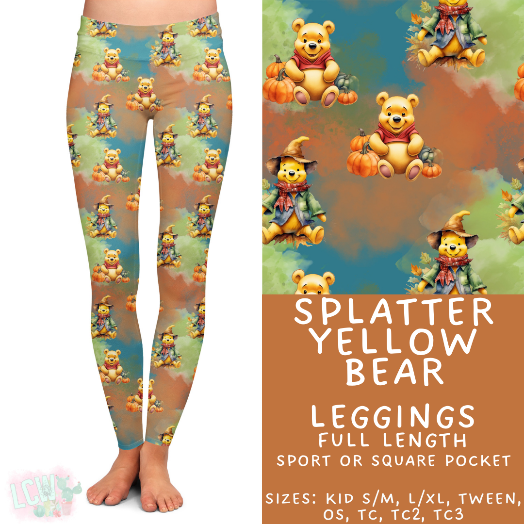 Ready to Ship - Splatter Yellow Bear Full Length Leggings - Sport Pocket OS & TC & Square Pocket TC