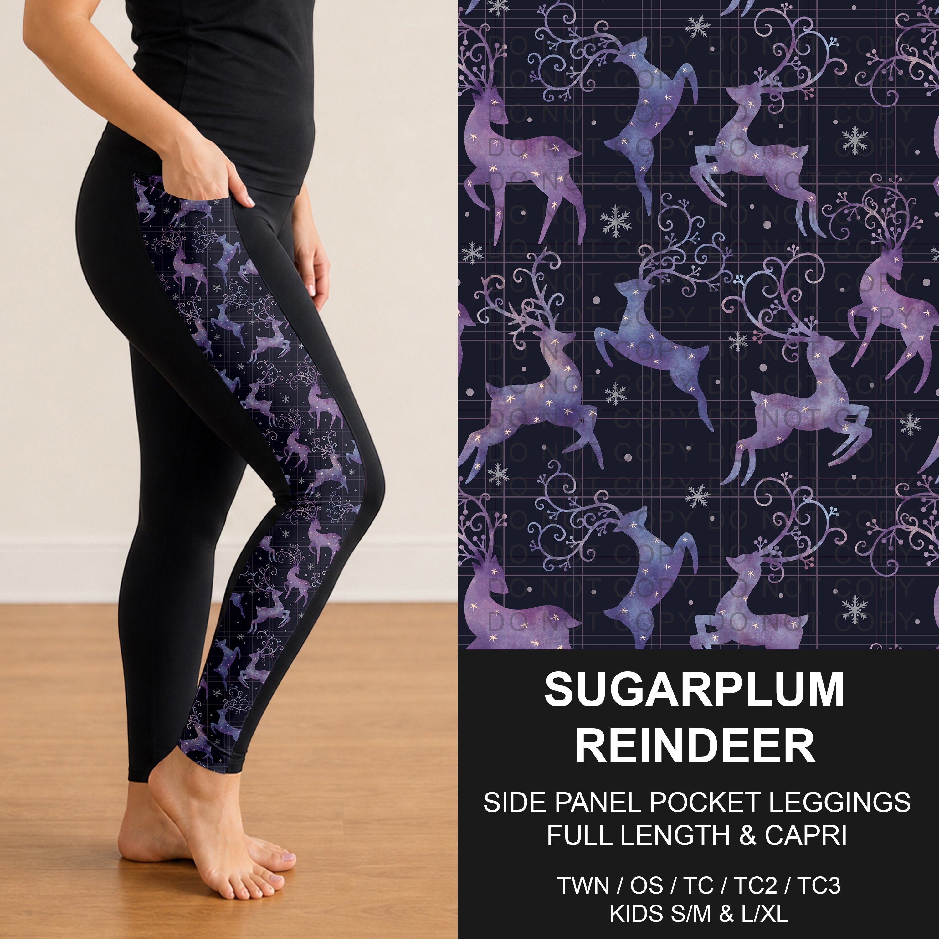 B312 - Preorder Sugarplum Reindeer Side Panel Pocket Leggings (Closes 9/13. ETA: mid Nov.)