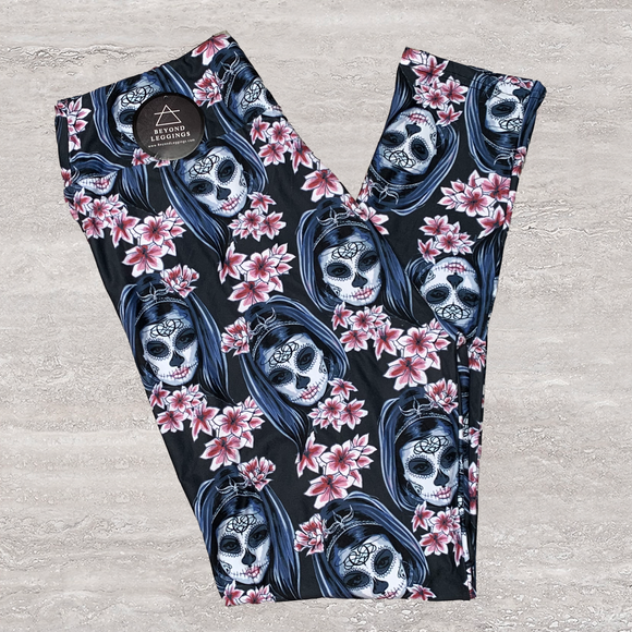 Sugar Skull Pink Lilly Blossom Capri or Full Length Leggings