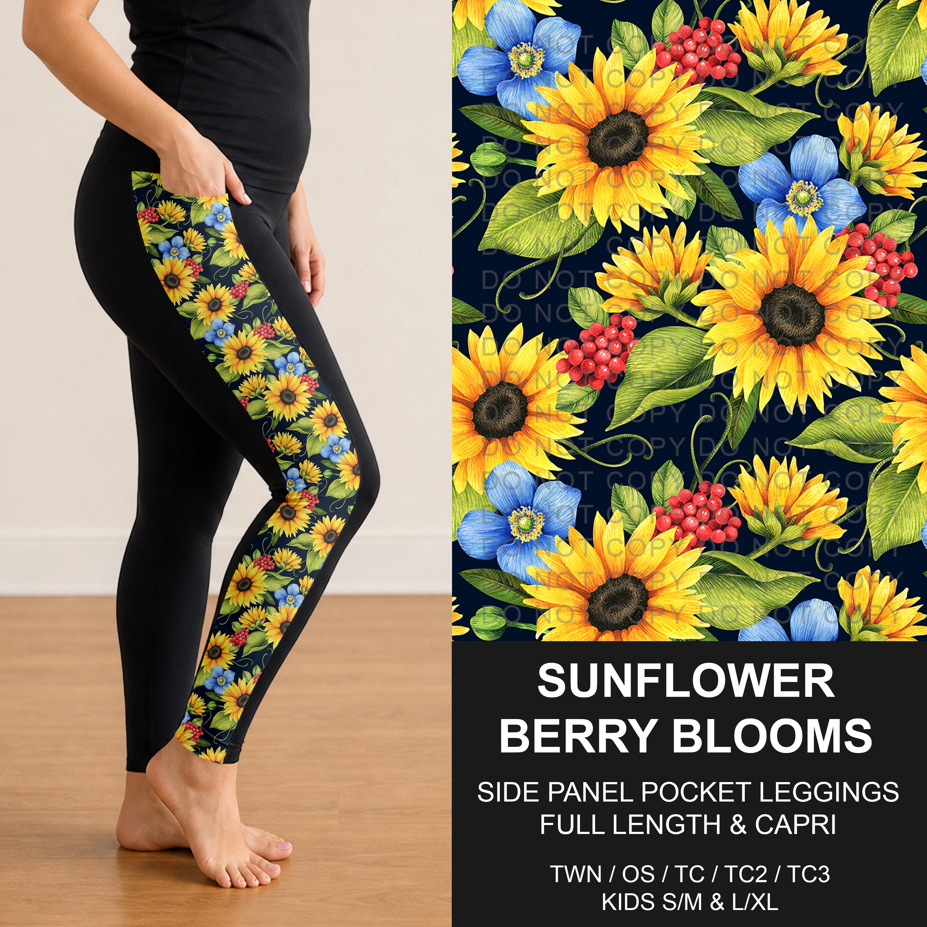 B298 - Preorder Sunflower Berry Blooms Side Panel Pocket Leggings (Closes 7/05. ETA: early Sept.)