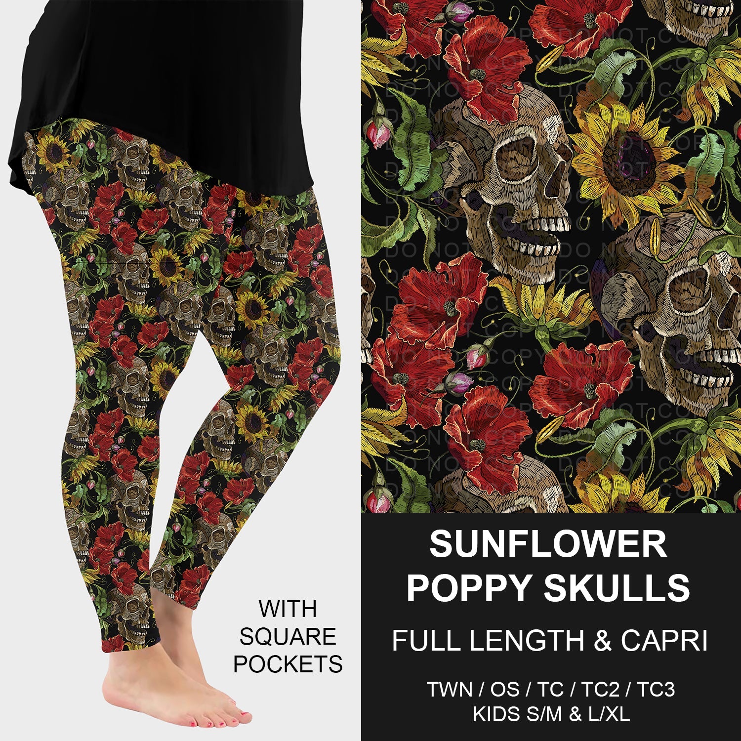 B296 - Preorder Sunflower Poppy Skulls Leggings w/ Pockets (Closes 6/21. ETA: late Aug.)