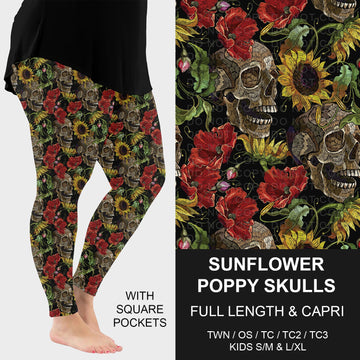B296 - Preorder Sunflower Poppy Skulls Leggings w/ Pockets (Closes 6/21. ETA: late Aug.)