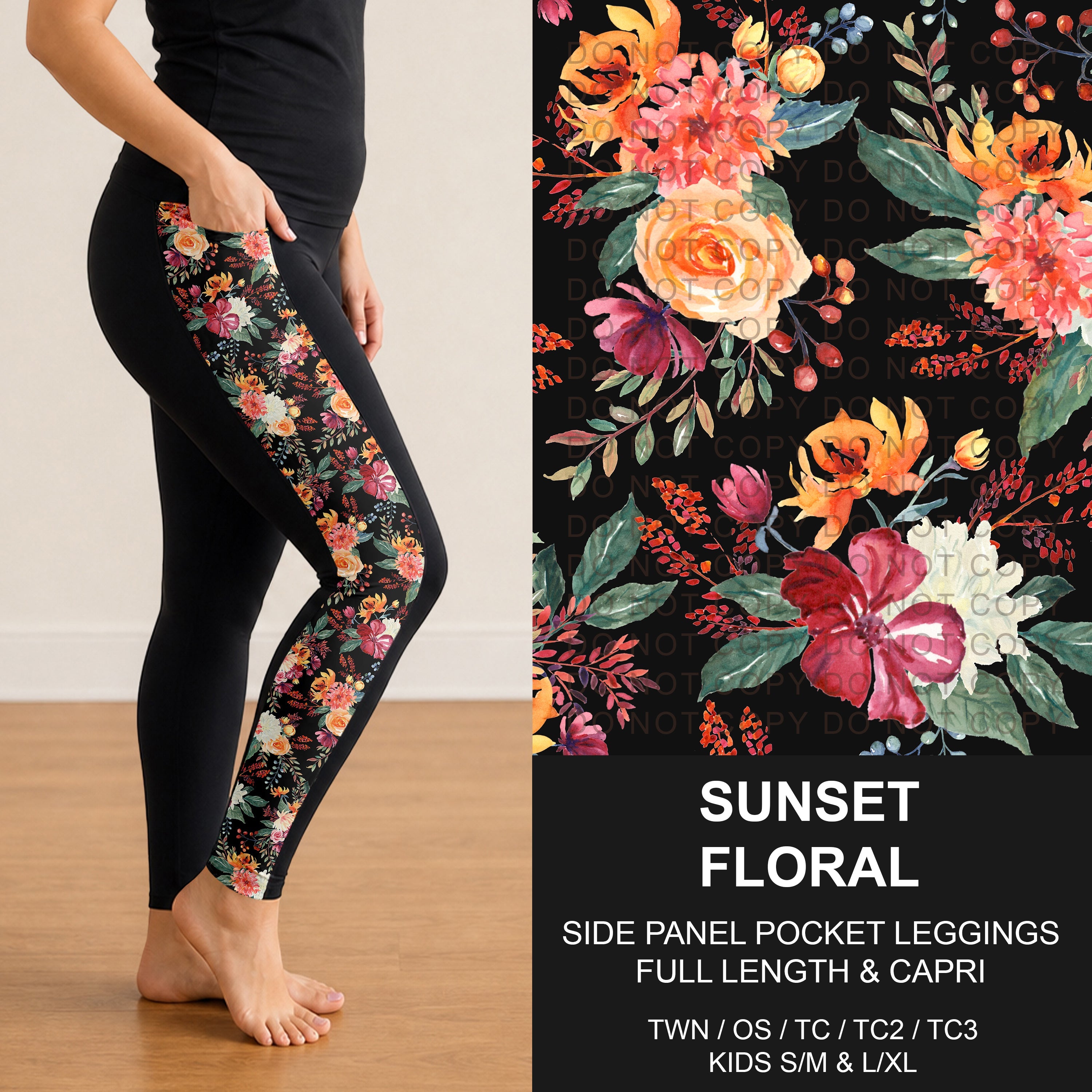 B300 - Preorder Sunset Floral Side Panel Pocket Leggings (Closes 7/15. ETA: mid Sept.)