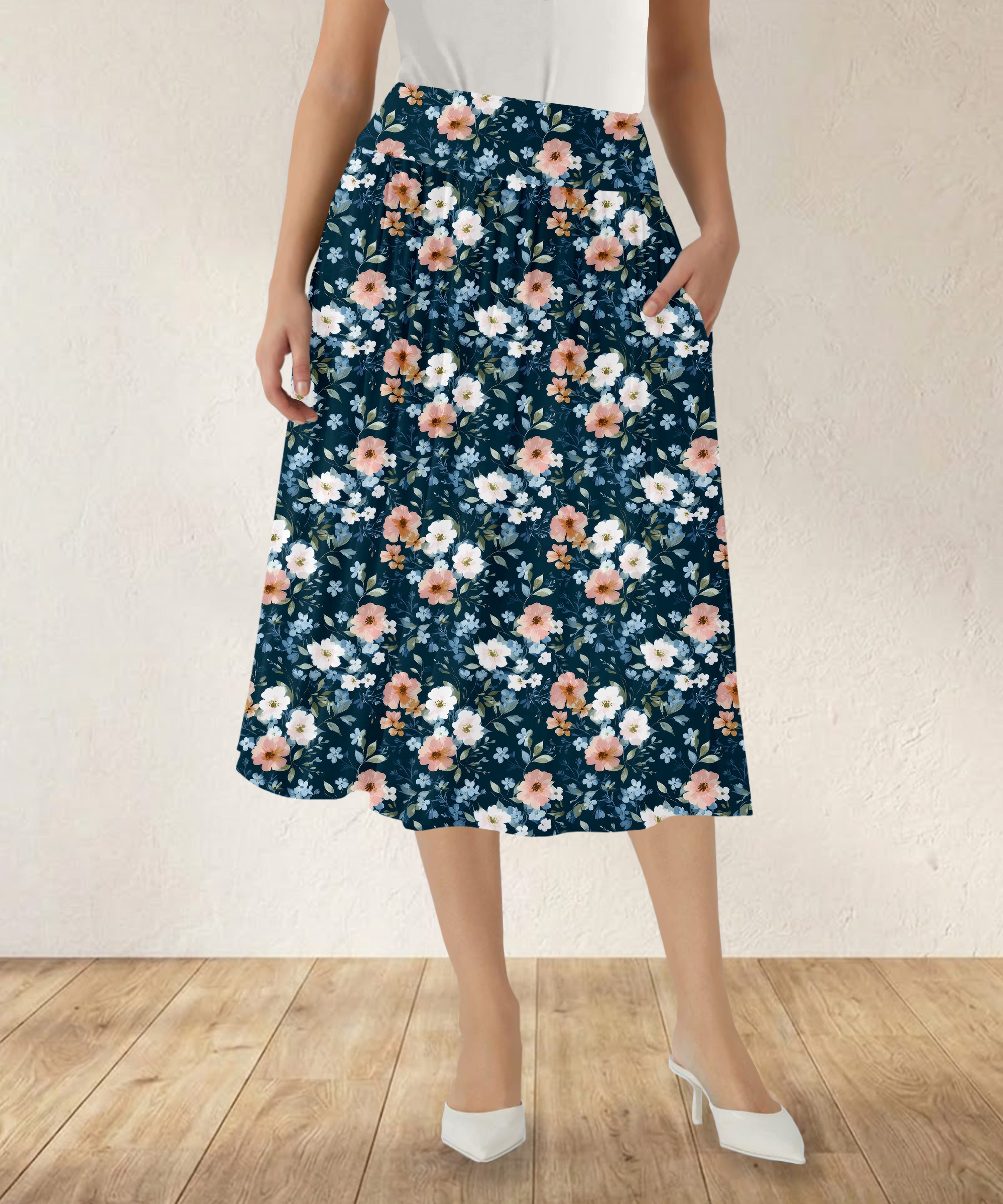 RTS - Serenity Blooms Swing Skirt with Pockets