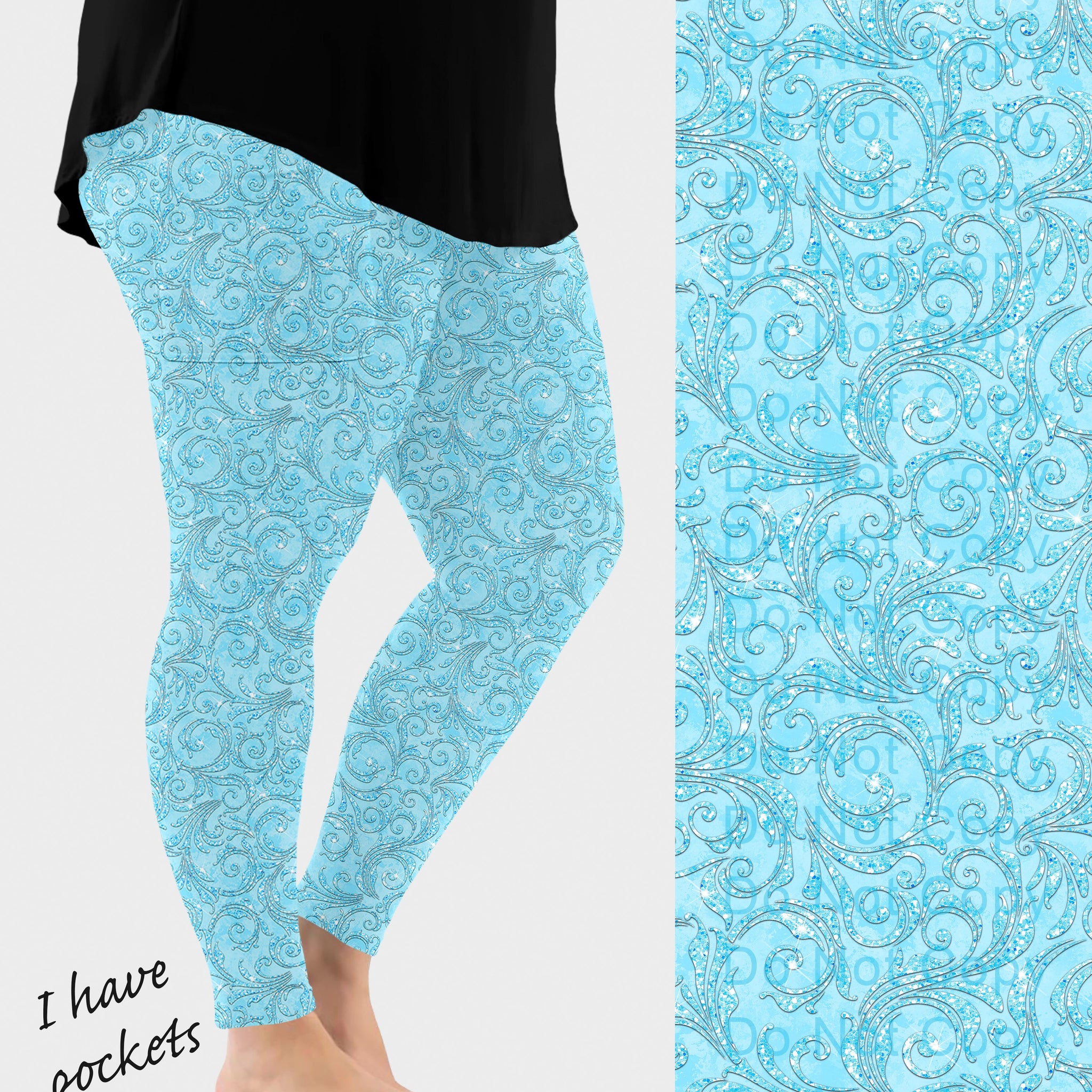 RTS - Sky Blue Paisley Sparkle Leggings w/ Pockets