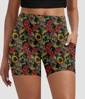 RTS - Sunflower Poppy Skulls Biker Shorts with Pockets