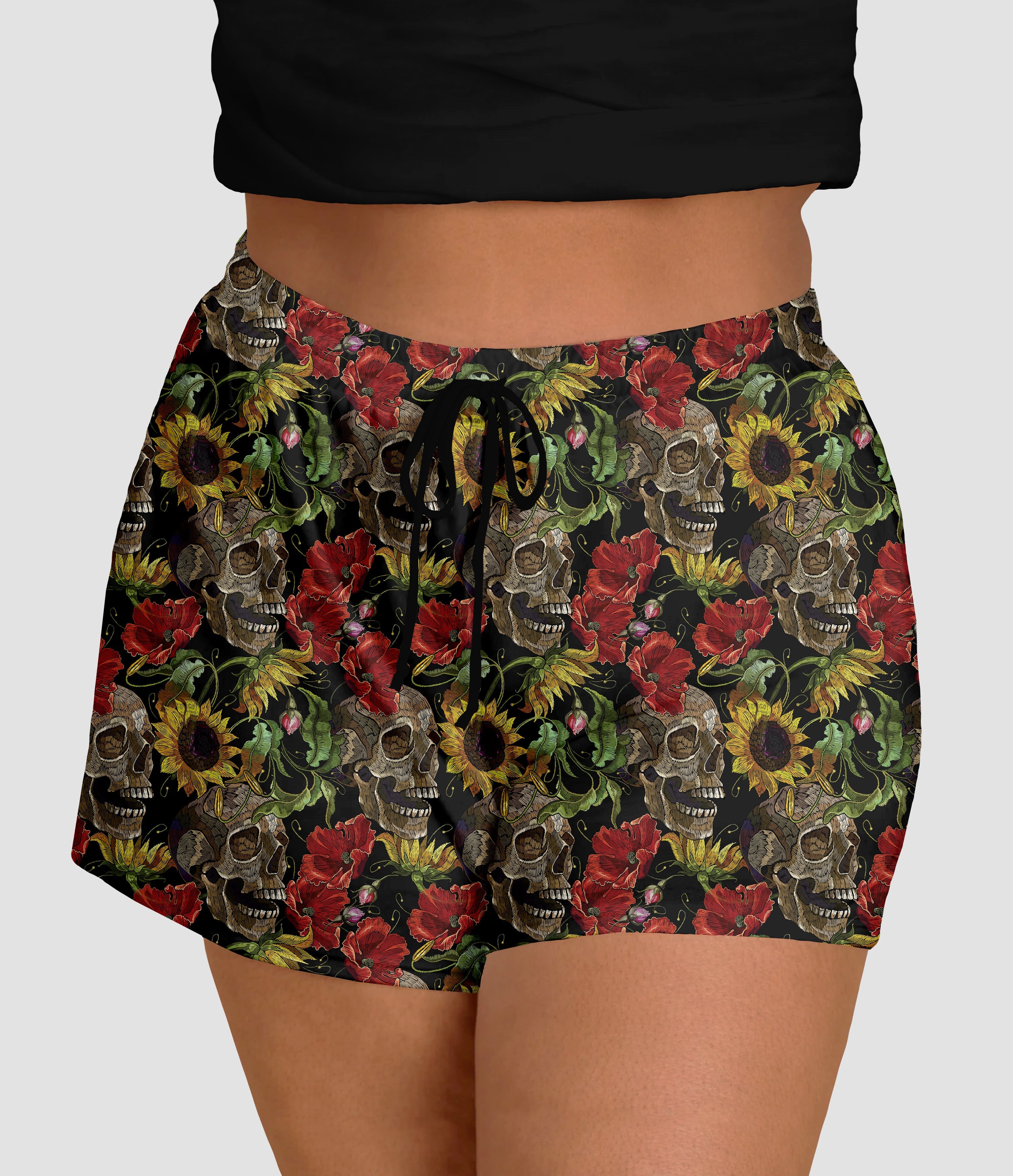 RTS - Sunflower Poppy Skulls Jogger Shorts with Pockets