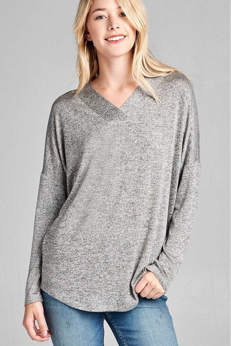 V-Neck Long Sleeve Heathered Top