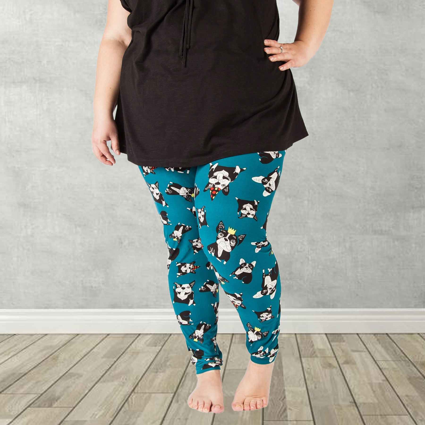 Party Dog Boston Terrier In Glasses Print Soft Stretchy Teal Leggings