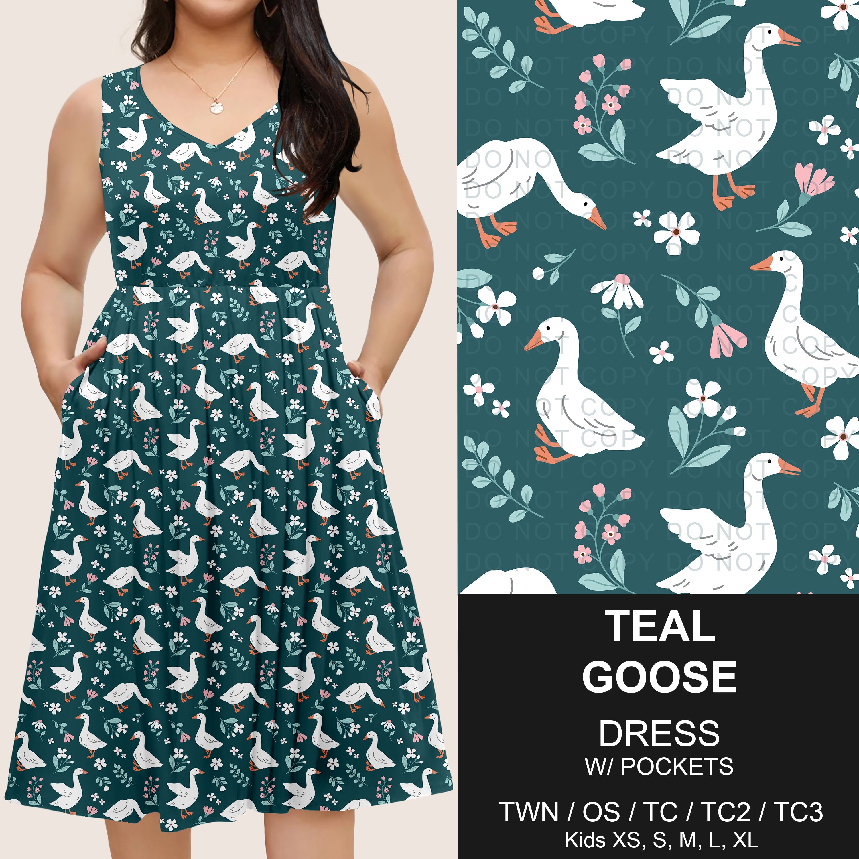 B275 - Preorder Teal Goose Sleeveless Pocket Dress (Closes 2/25. ETA: early May)