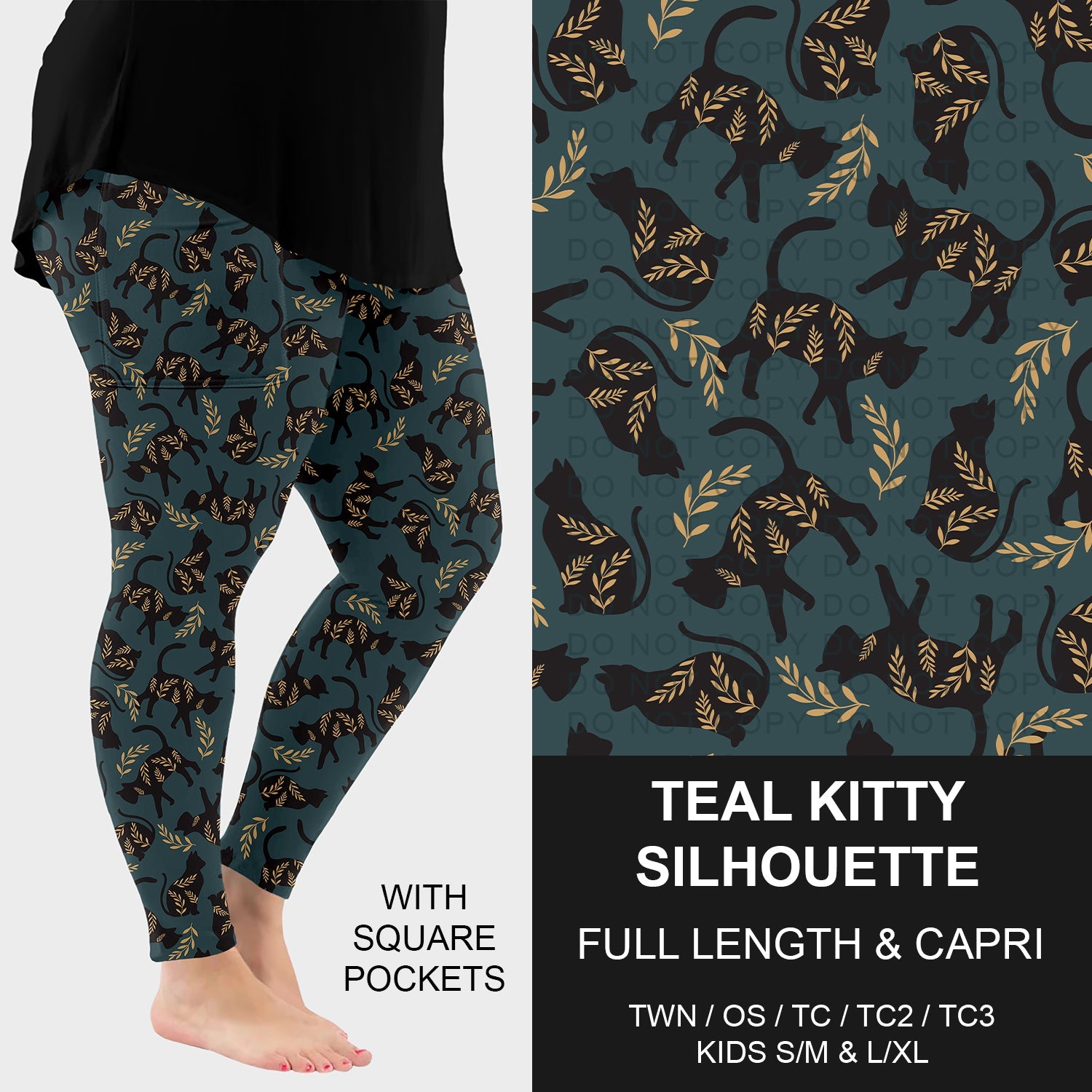 B277 - Preorder Teal Kitty Silhouette Leggings w/ Pockets (Closes 3/08. ETA: mid May)