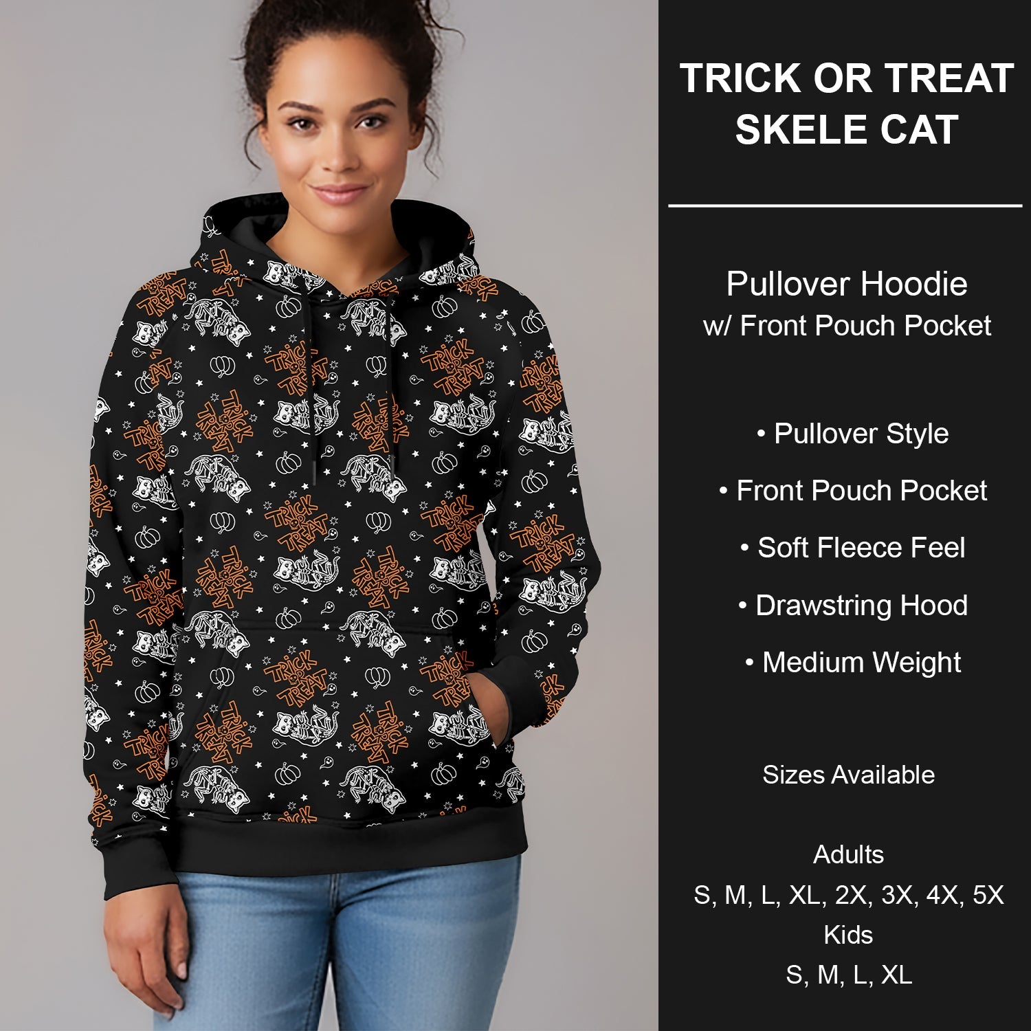 B295 - Preorder Trick or Treat Skele Cat Pullover Hoodie (Closes 6/14. ETA late Aug.)