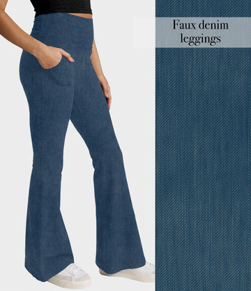 RTS - Tidal Blue Faux Denim Flare Leggings w/ Pockets