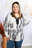 Extra Soft Lace-Up Long Sleeve Tie-Dye V-Neck Top