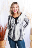 Extra Soft Lace-Up Long Sleeve Tie-Dye V-Neck Top