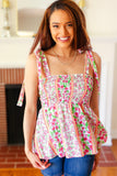 Summer Days Ivory & Fuchsia Floral Smocked Shoulder Tie Top