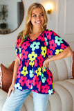 Sunny Days Navy Flat Floral Bubble Sleeve Babydoll Top