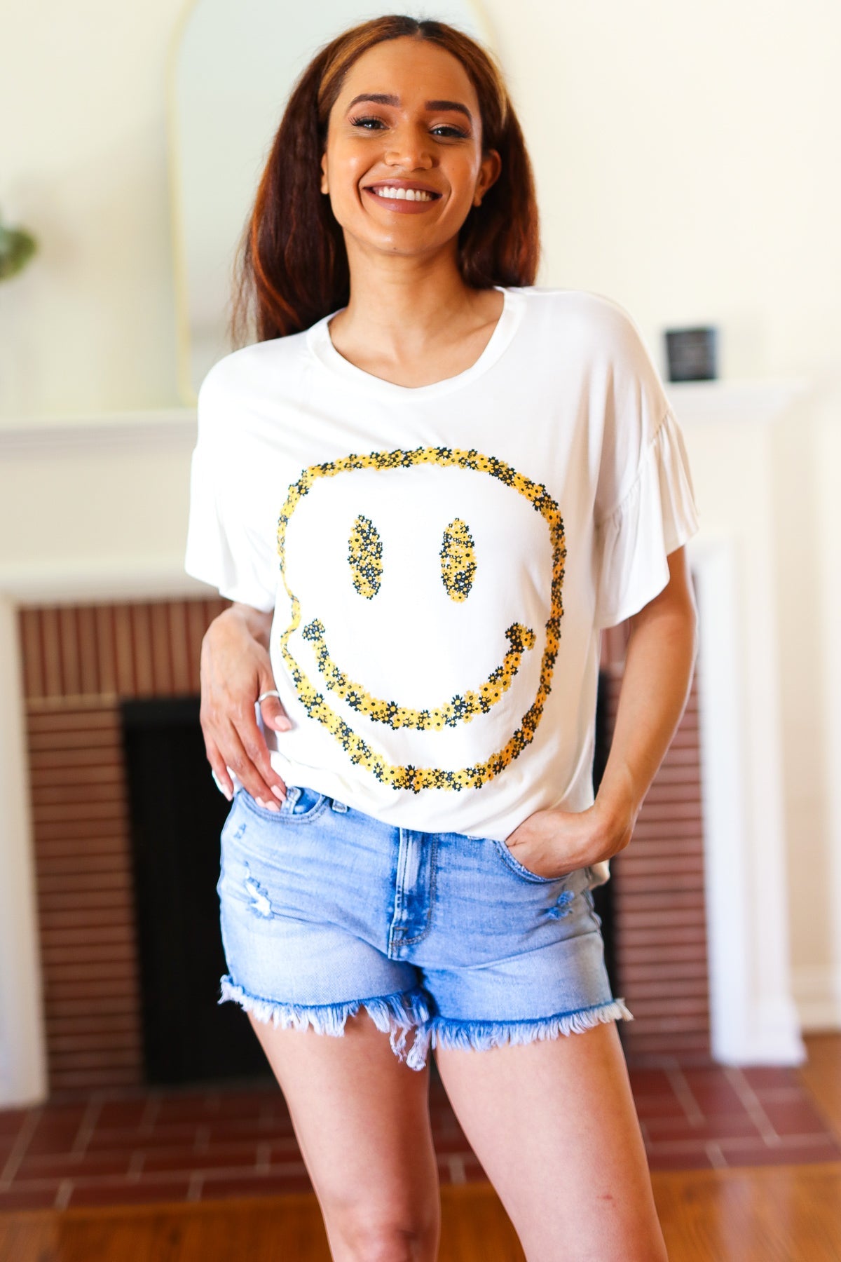 Live For Today White Floral Smiley Face Flutter Sleeve Tee