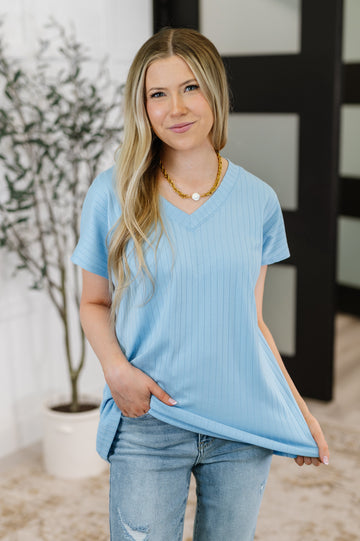 Top Shelf Basic V-Neck Ribbed Tee in Sky Blue