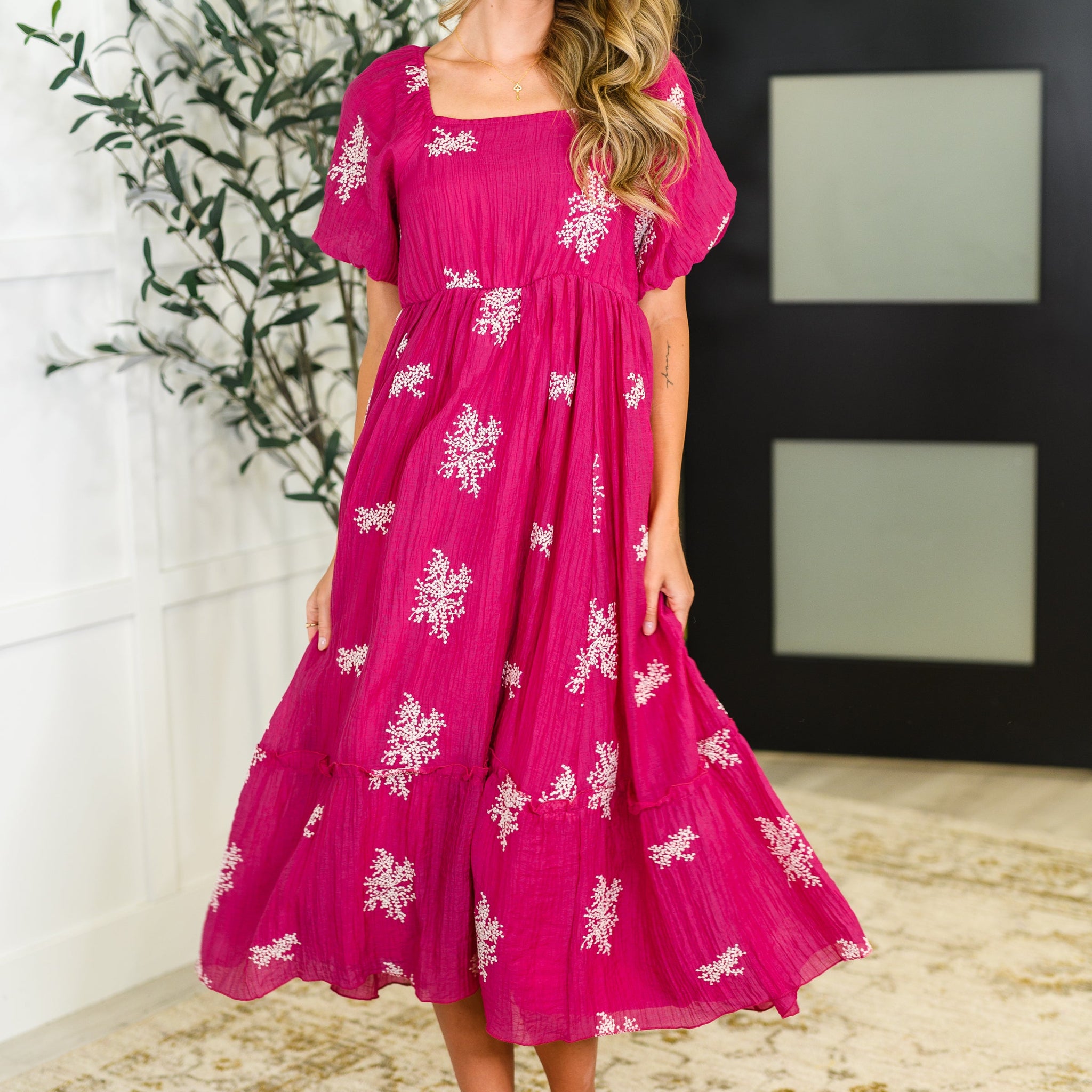 hot pink square neck dress Twirl in Bloom in Small Black Cardigan with Black SAcollection_wild-honey evening or festivals Pick Model:Model4