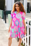 Find Love Hot Pink Abstract Print Frill Notch Neck Dress