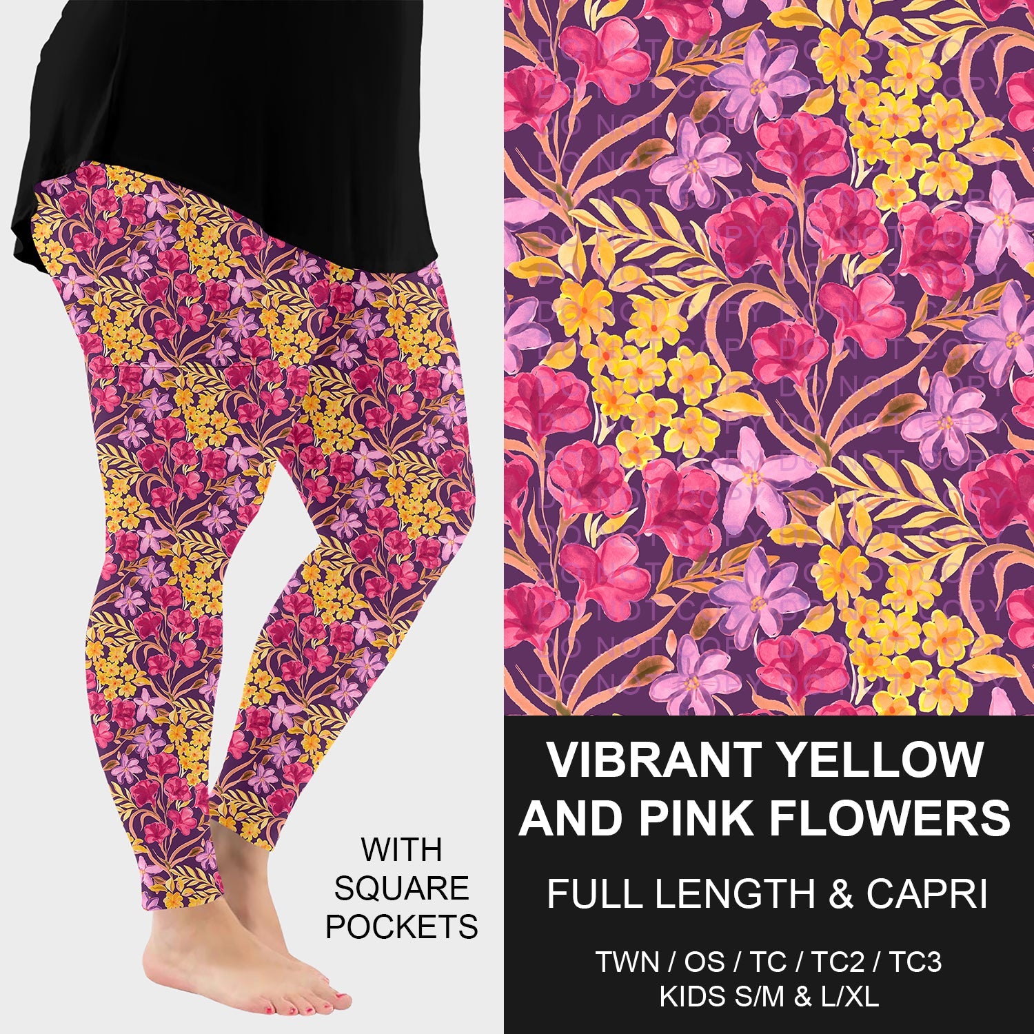 B294 - Preorder Vibrant Yellow and Pink Flowers Leggings w/ Pockets (Closes 6/07. ETA: early Aug.)