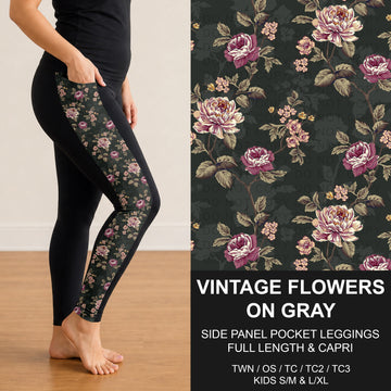 B310 - Preorder Vintage Flowers on Gray Side Panel Pocket Leggings (Closes 8/30. ETA: late Oct.)
