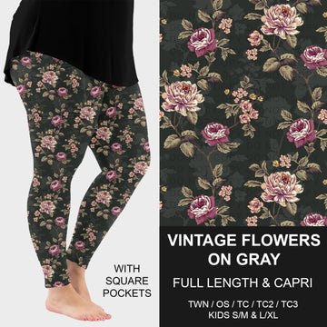 B310 - Preorder Vintage Flowers on Gray Leggings w/ Pockets (Closes 8/30. ETA: late Oct.)