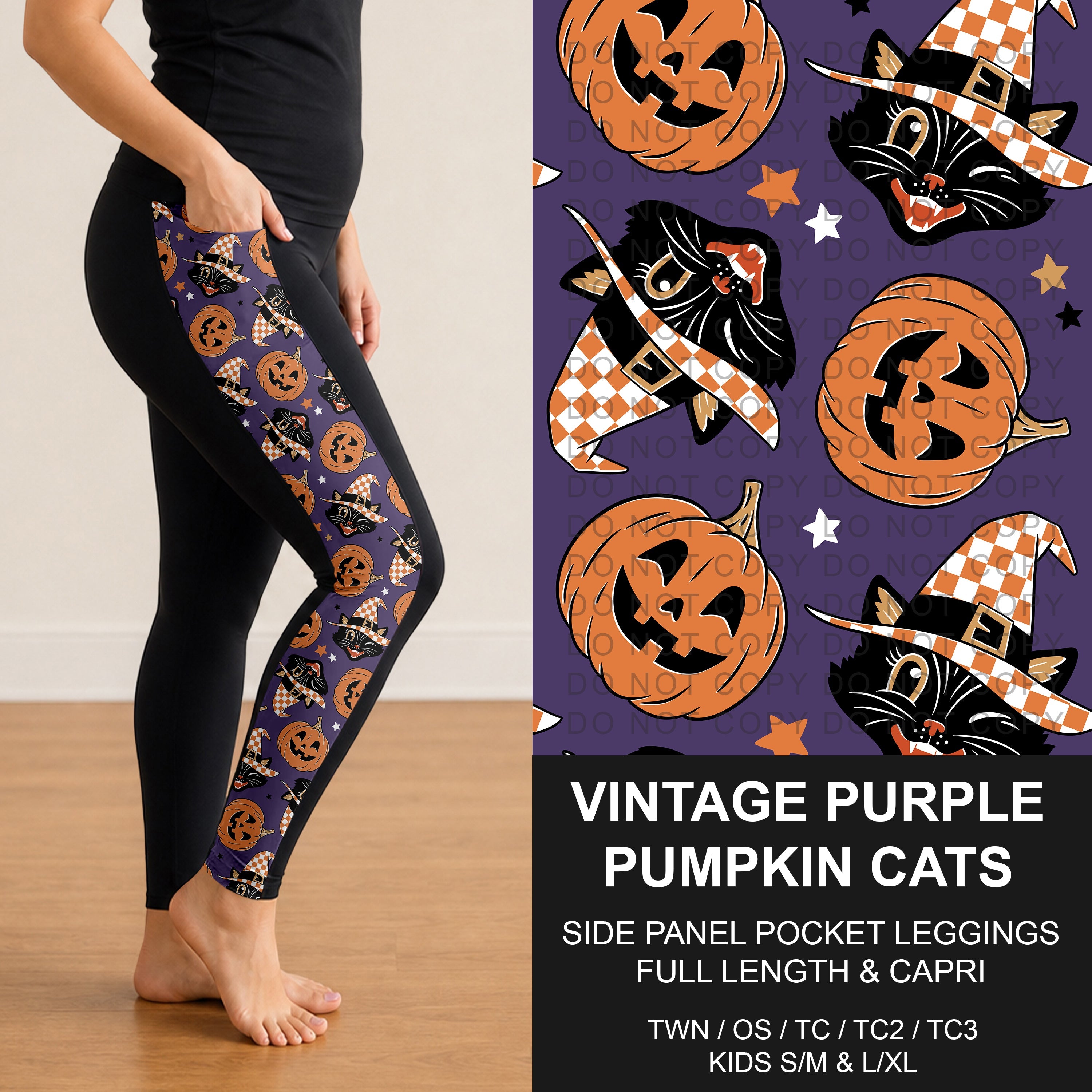 B295 - Preorder Vintage Purple Pumpkin Cats Side Panel Pocket Leggings (Closes 6/14. ETA: late Aug.)