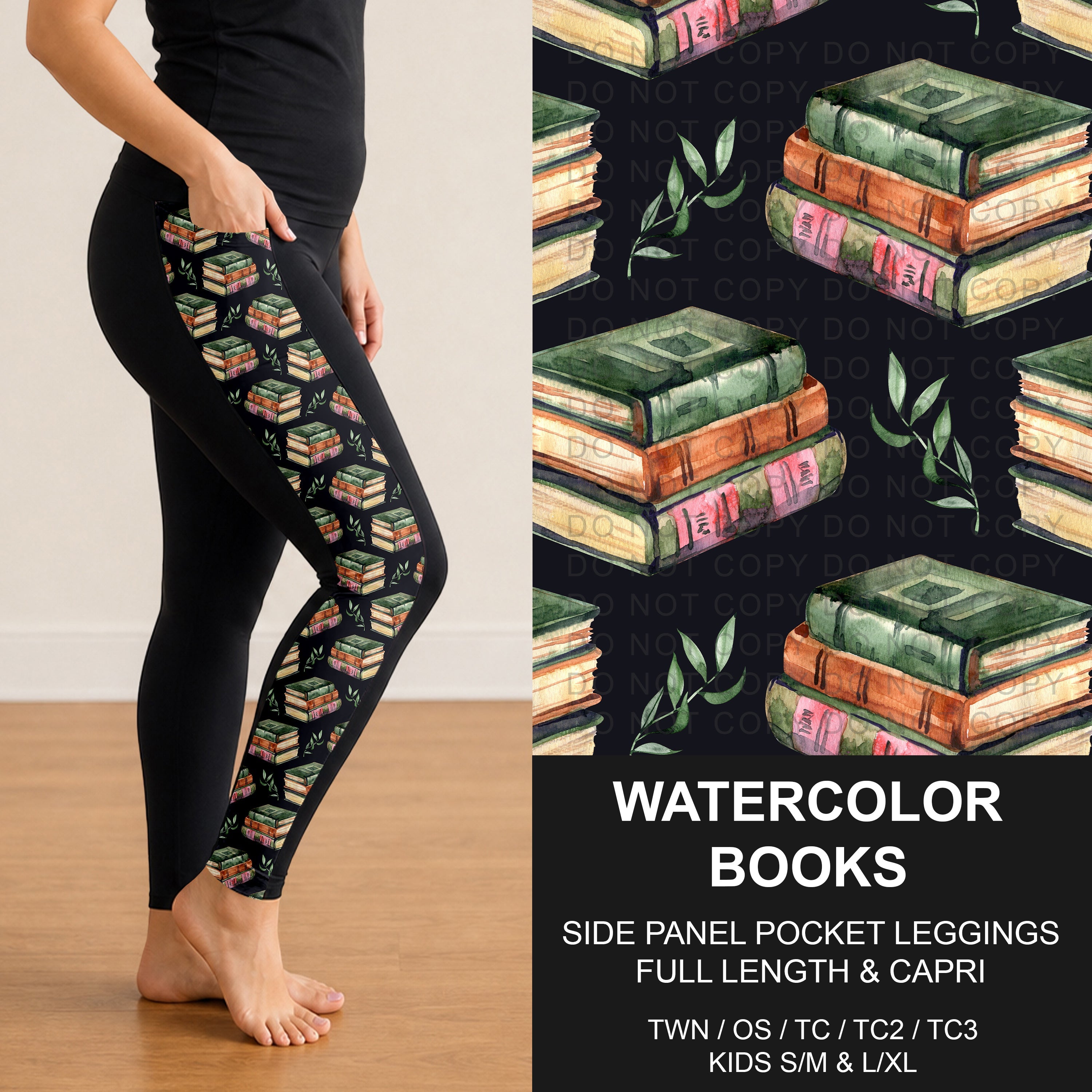 B309 - Preorder Watercolor Books Side Panel Pocket Leggings (Closes 8/23. ETA: late Oct.)