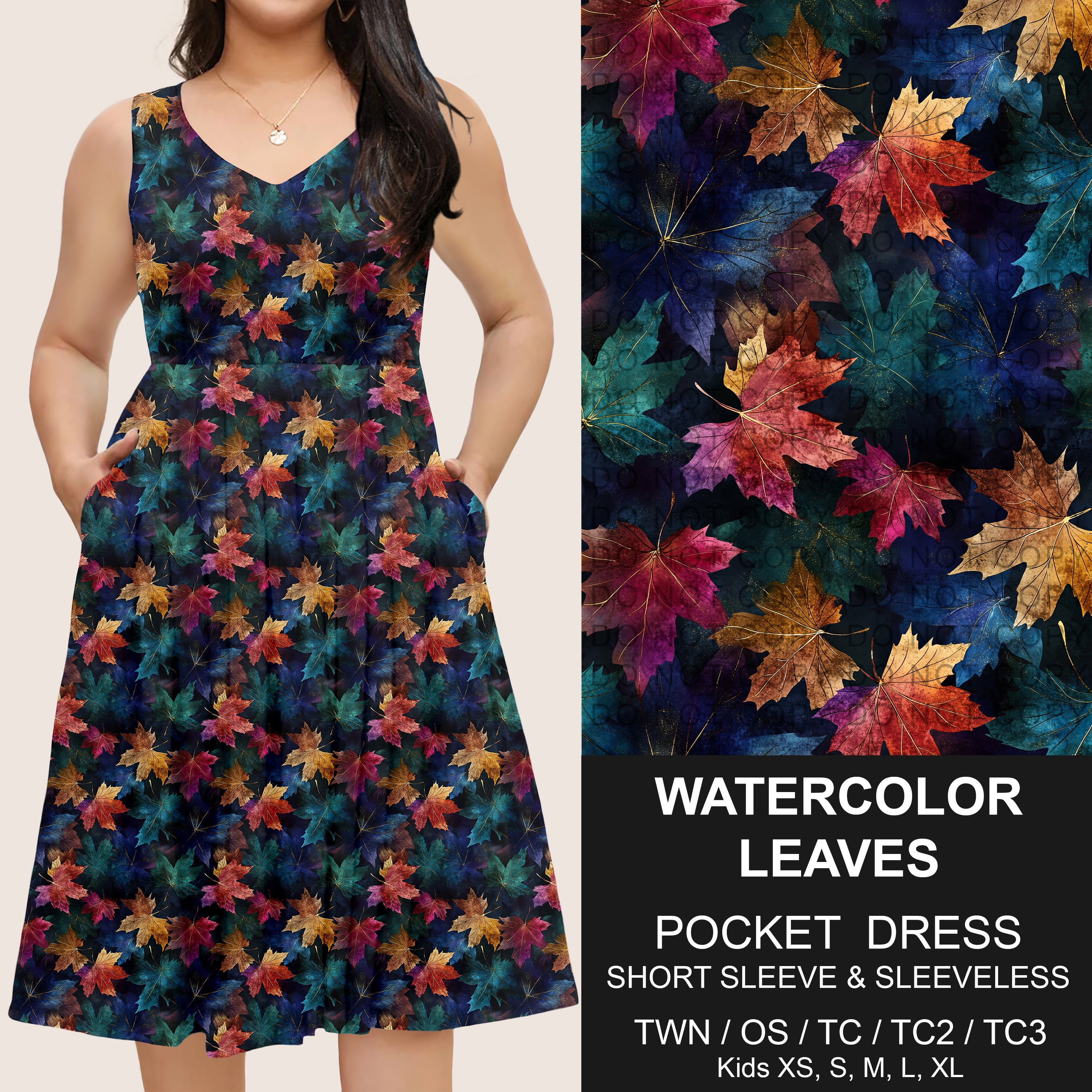 B302 - Preorder Watercolor Leaves Pocket Dress (Closes 7/24. ETA: early Oct)